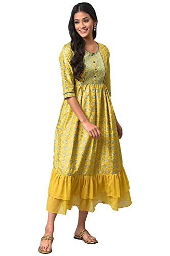 Robe midi en polyester fluide pour camoufler les rondeurs en jaune L