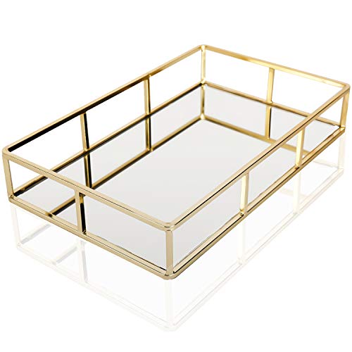 HighFree Gold Mirror Tray Perfume Tray Mirror Vanity Tray Ornate Tray Metal Decorative Tray Jewelry Perfume Organizer Makeup Tray for Dresser, Bedroom and Bathroom