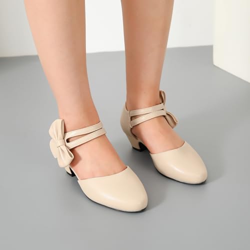 Women's Retro Bow Mary Jane Low Chunky Heel Pumps Closed Toe Ankle Strap D'Orsay Hook and Loop Side Bow Round Toe Dressy Wedding Party Shoes4
