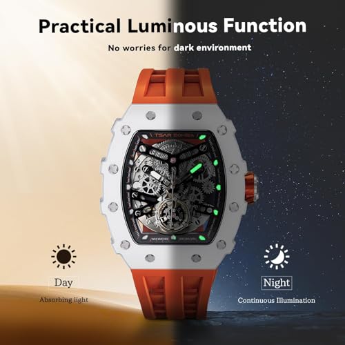 Image of TSAR BOMBA Men's Automatic Watch Tonneau Luxury Skeleton Watches for Men Mechanical 50M Waterproof Analogue Watches Mens Unique Cool Square Big Face Dial Wristwatch with Silicone Strap Band