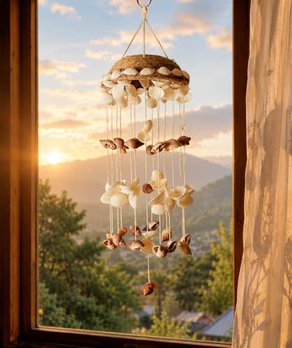 Image of Sea Shell Decorative Wind Chime for Home, Garden, Balcony Decor | Mini Door Hanger | Soothing Rain Sound & Very Lucky According to Vastu | Attracts Good Luck 15 Inch (White)