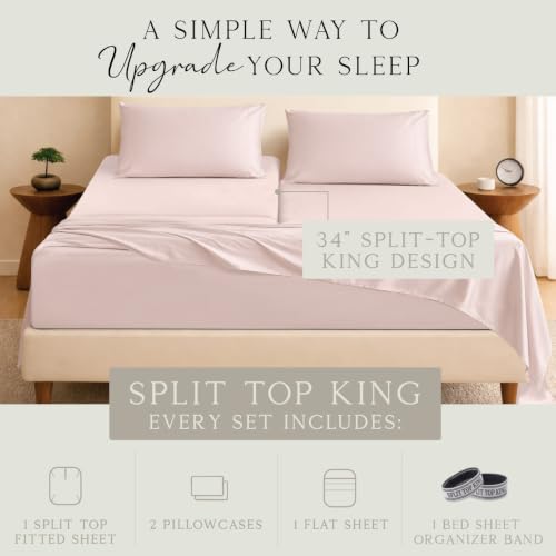 Image of KARISSA MAE Bamboo Viscose 34 inch Split Top King Size Sheet Set, FSC Certified | Single 34 inch Split Fitted Sheet | Sleep Number & Adjustable Bed | Cooling | 18 inch Deep Pocket w / Corner Straps [Pink Peony]