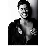 Black and White Sexy Dean Winchester Laughing with Bare Chest in Open Hoodie - 8x10 Photograph / Photo - HQ - Supernatural Jensen Ackles