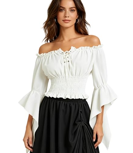 Renaissance Blouse Off Shoulder for Women - Pirate Tops Long Sleeve Renaissance Shirt for Cosplay(Size:S-L) White