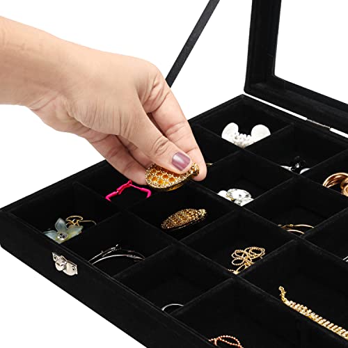 BELLE VOUS Bandeja Organizador de Joyas Terciopelo Negro con 24 Secciones Ajustables y Tapa de Cristal - Joyero Exhibidor Apilable - Joyero Pendientes, Collares, Aretes, Brazaletes y Relojes - imagen 3
