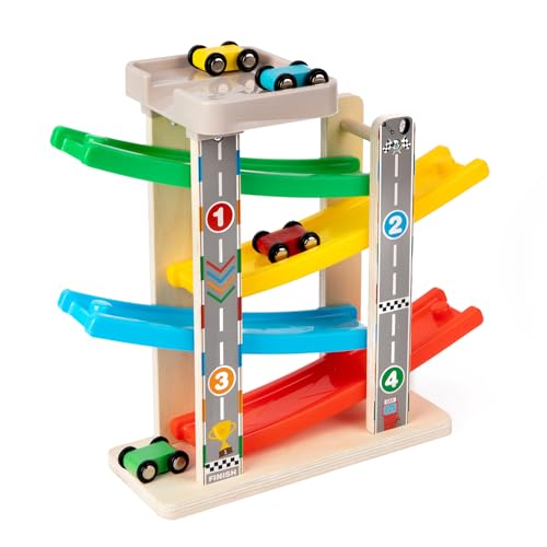 Soehso Montessori Toys for Toddler Race Track Toy with 4 Mini Cars Kid Wooden Car Ramp Toy Car Tracks Toddler Ramp Racer Set Toy Car Ramp