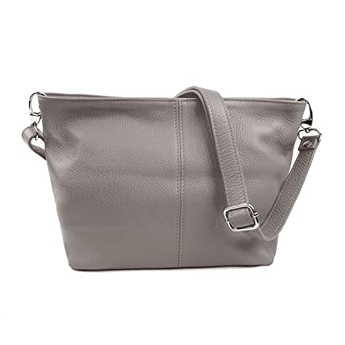Woodland Leather Sac à main italien 100 % cuir véritable pour femme - Sac à bandoulière avec bandoulière réglable - Sac de designer pour femme avec compartiments, gris Cover