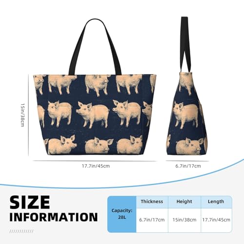 Large Beach Bags for Women Sandproof - Cute Pig Navy Blue Print Summer Travel Work Tote Bags with Zipper2
