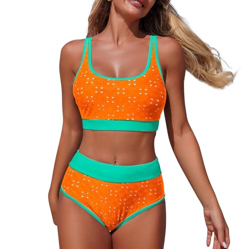 QXQLSH - Conjunto de bikini de cintura alta de 2 piezas, traje de baño de playa con control de abdomen, traje de baño sexy, ropa de vacaciones en la playa, naranja, M