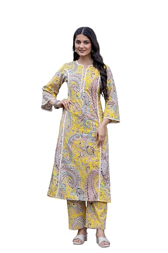 Image of Pistaa's Women Pure Cotton Paisley Printed A-Line Kurta with Pants Set