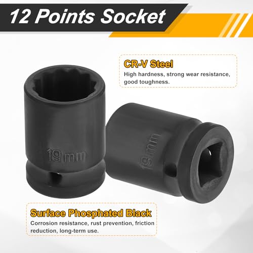 Image of HARFINGTON 2pcs 1 /2 inch Drive x 19mm Shallow Impact Socket 12-Point Metric CR-V Steel Spindle Nut Impact Flip Sleeve for Home Auto Nuts Bolts Repair