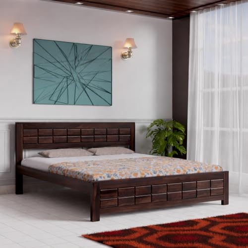 Image of Urban Block Design Sheesham Wood King Size Bed Without Storage (81x74 Inch) | Wooden Double Bed Cot for Bedroom Furniture | Modern Palang Bed | Walnut Finish