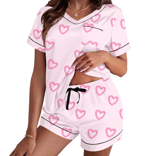 Image of Women Hearts Pajama Sets Satin Short-Sleeve Top and Shorts Set 2 Piece Loungewear Sleepwear