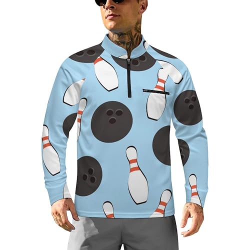Cartoon Bowling Ball Men's Rash Guard Long Sleeves Quick Dry Fishing Workout Shirts with Zipper
