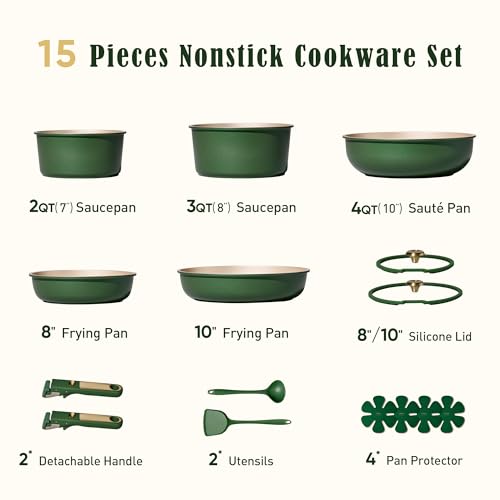 Image of CAROTE Green&Gold Nonstick Cookware Set, 15Pcs Pots and Pans Set Non Stick Detachable /Removable Handle,Kitchen Cooking Set Dishwasher Safe, RV Kitchen Pot and Pan, Induction Cookware