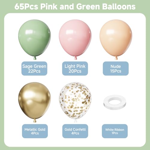 Image of Pink and Green Balloons, 65Pcs Light Pink Balloon, 12In Retro Green and Pink Balloons for Birthday Bridal Shower Baby Shower Decorations