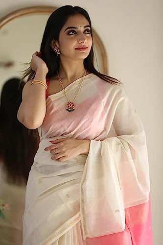 Image of SGF11 Women's Kanjivaram Soft Cotton Linen Silk Saree With Blouse Piece (White)