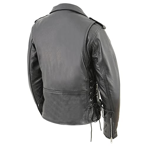LCL2700P Ladies Black Basic Classic Motorcycle Premium Leather Jacket with Side Laces w/Plus Sizes (US, Alpha, 5X-Large, Regular, Regular, Black)