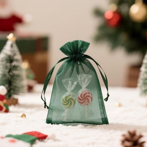 Image of joycraft 50Pcs Dark Green Organza Bags - 2.7x3.5 In Sheer Jewelry Mesh Pouch, Small Party Favor Drawstring Pouch for Halloween, Christmas, Wedding Favor, Small Business