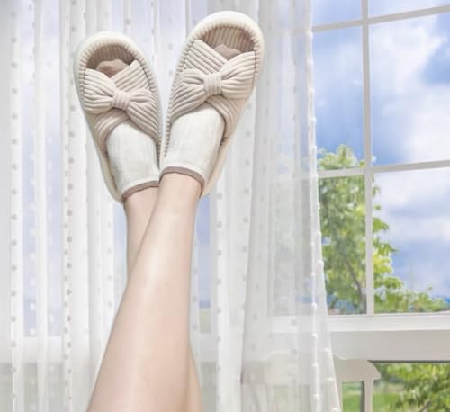 Women's Bow Cross Band Corduroy Open Toe Memory Foam Slippers for Bedroom Indoor Outdoor2