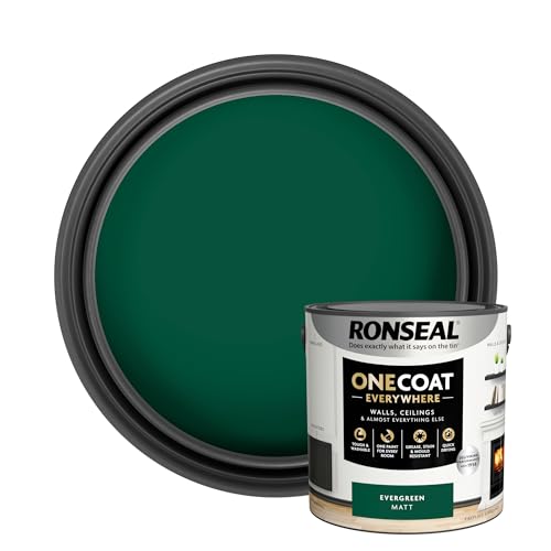 Ronseal One Coat Everywhere Paint Evergreen Matt 2.5L Durable Interior Paint for Walls & Ceilings Smooth Finish Quick Coverage Ideal for Easy Home Projects