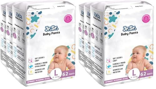 Image of Jr. Sr. Baby Diaper Pants | Large (L) Size (9-14 kg), 186 Count | Pack of 6 | Upto 12 hr Absorption with Advanced Leak Protection | Safe For Babies Skin | Soft, Secure & Comfy