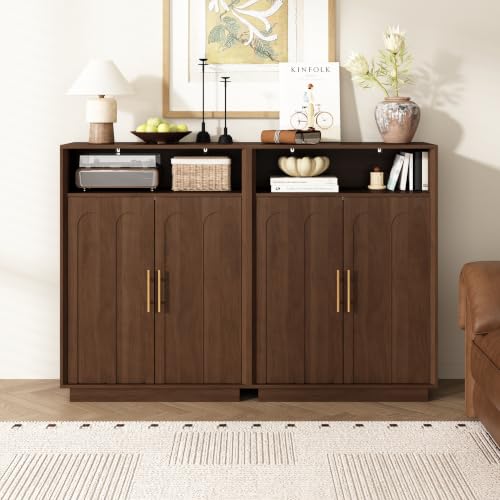 Image of Shoe Cabinet with Arched Doors, 43 inch Tall Large Hidden Shoe Storage Cabinet with Adjustable Shelves, 5-Tier Mid Century Modern Shoe Rack Organizer for Entryway Hallway Living Room,Walnut Set of 2