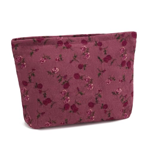 WOZEAH Floral Corduroy Makeup Bag for Purse Small Cosmetic Pouch,Stylish Zipper Make up Pouch Travel Canvas Toiletry Bags(Pink Rose)