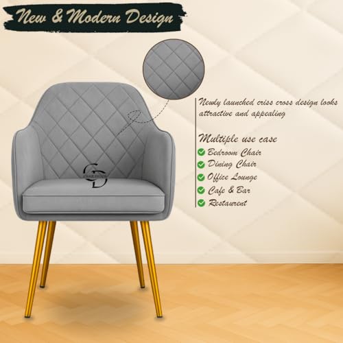 Image of Velvet Accent Chair with Matching Pouffe & Floral Cushion | Modern Upholstered Armchair with Gold Metal Legs | Lounge Chair for Living Room, Bedroom, Office, Guest Room (Light Grey Diona)