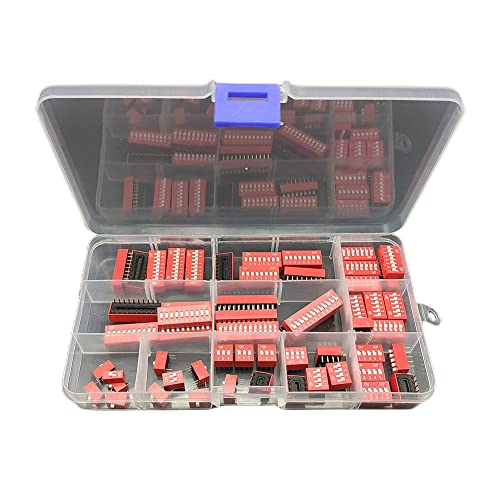 55Pcs Double Row Dip Switch Assorted Kit Box Range 1 2 3 4 5 6 7 8 9 10 12 Position 2.54mm PCB Mountable On Off Dip DIL Switch, Slide Type Red Toggle Switch for Arduino and Circuit Boards