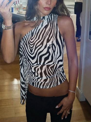 Image of RoseSeek Women's Y2K Leopard Polka Dots Halter Asymmetrical Neck Crop Tops