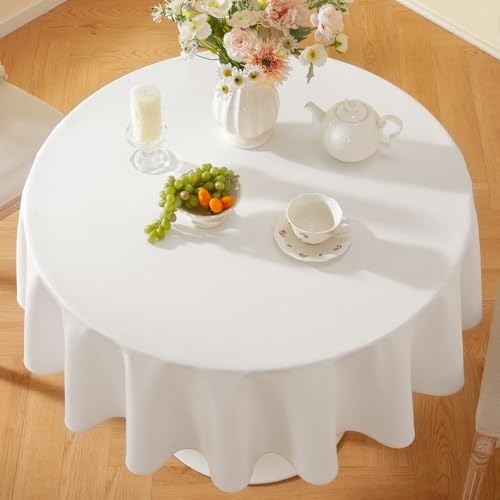 Image of Laolitou Round Tablecloth (Fits 30-48 inch Table) Linen Waterproof Textured White Table Cloth, Washable Wrinkle Free Spill Proof Fabric Tablecloths for Dining Table Farmhouse Kitchen, 60x60 Inch