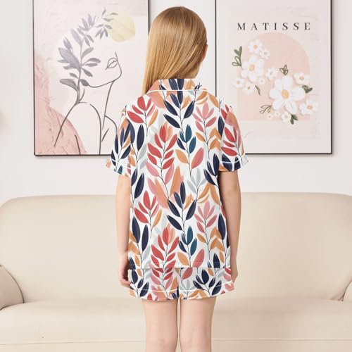Branches Leaves Summer Satin Pajama Set, Cute Button-Down Sleepwear Pj Set for Sleep Wears4