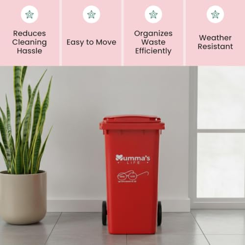 Image of Mumma's LIFE 120L Big Dustbin Extra Large Size | Plastic Manual-Lift Wheel Garbage Big Dustbin | Heavy Duty HDPE Waste Bin with Lid & Wheels | For Indoor & Outdoor Use (Red)