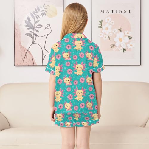 ALAZA Axolotl Flower Blossom Blue Satin Pajamas Set Short Sleeve Button Down Sleepwear Summer Pjs 2 Piece4