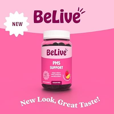 BeLive PMS Support Gummies Supplement - Alleviates Cramps, Bloating, Mood Swings, Hot Flashes & Night Sweats - Delicious Strawberry Lemonade Flavor - 60 Count