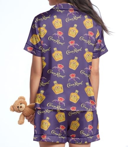 Image of HUNTFAMI Women Silky 2 Pcs Satin Pajama Set Long Sleeve Button Down | Satin pajama set; Short-sleeves in a coordinated 2-piece; funny printed; colourful style