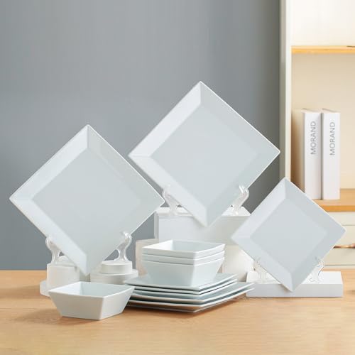 DOMINI Juego de vajilla de cocina de 12 piezas, servicio para 4, vajilla de porcelana, juegos de vajilla cuadrada con platos llanos, platos de postre y cuencos para pasta, cuadrados, color blanco