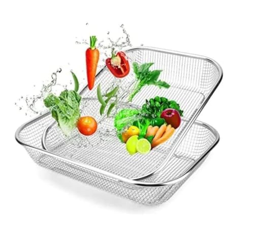 Image of Stainless Steel Sink Colander Strainer Basket, Rectangular Kitchen Drain Tray for Fruit & Vegetable Washing, Rust Proof Metal Mesh Rinsing Basket for Home Kitchen Use