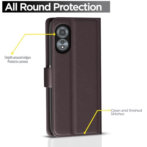 Image of Pikkme Flip Cover Leather Finish | Inside TPU with Card Pockets | Wallet Stand and Shock Proof | Complete Protection Button Flip Case for Oppo A78 4G (Coffee)