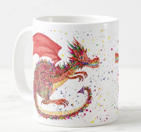 Vixar Red Dragon Repile Lizard Hand Painted Design Watercolour Art Coloured Mug Cup Gift Birthday Work Office Christmas Tea Coffee (White)
