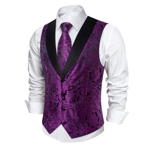 Image of DiBanGu Mens Paisley Suit Vest Silk Jacquard Waistcoat and Necktie Set Formal Shawl Collar Dress Vest 7PCS for Wedding Party