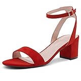 Shoe Land Womens SL-Amaya Low Chunky Block Heeled Sandals Open Toe Ankle Strap Wedding Party Pumps Dress Shoes, Red, Size 8.0