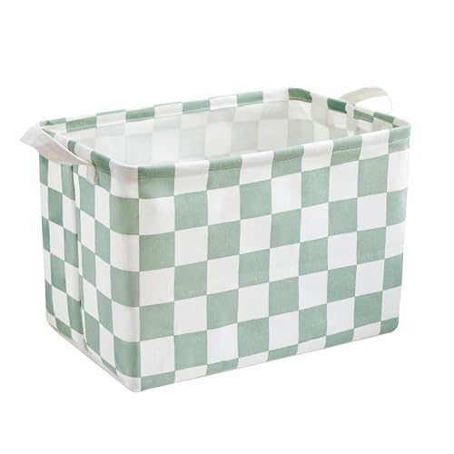 Sage Green Checkered Canvas Basket, Rectangular Organizing Decorative Storage Basket for Kids, Dog Toy, Cute Aesthetic Checkered Room Decor for Home, Kitchen, Bedroom, Classroom, Shelves