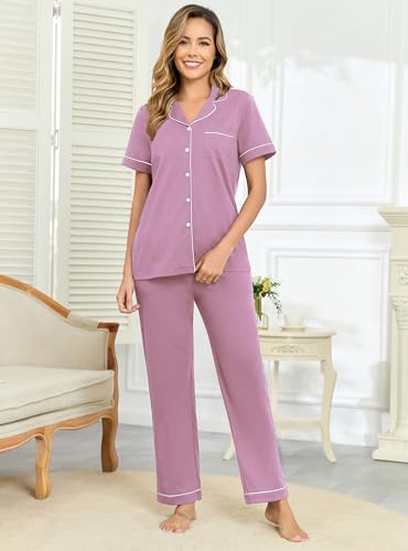 Image of Veseacky 100% Cotton Pajamas for Women Set Short Sleeve Button Down Sleepwear Soft 2 Piece Summer Pjs Lounge Sets S-XXL