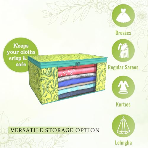 Image of Kuber Industries (Pack of 6) Saree Covers | Foldable Storage Bag for Almirah & Wardrobe | Non-Woven Saree Bags (9 Inch) Clothes Bag for Women (Leaf Printed) Sari Cover Bags | Green