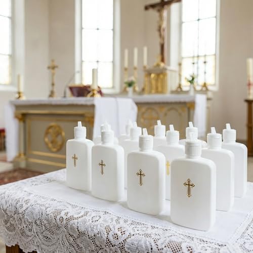 Image of Hiceeden 12 Pack 100ML Water Bottles with Gold Cross Pattern, Plastic Easter Catholic Christian Water Bottle Container, Portable Empty Flask for Easter Party Decor, White (3.4oz)