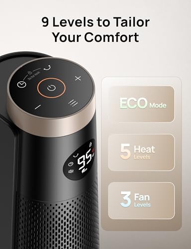 Image of DREO Space Heater Indoor, 30 inch Electric Heaters with Remote, 120 Oscillation, Adjustable Thermostat, 5 Heat & 3 Fan levels, 8 Safety Protections, 25dB Quiet, 1-12H Timer, Large Room Bedroom, Gold