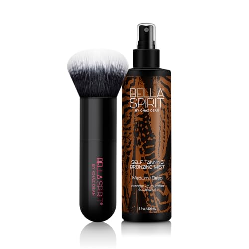 Bella Spirit by Chaz Dean Self Tanning Bronzing Mist - Self Tanner, Self Tan, Fake Tan, Face Tanner, Tanning Water Spray Mist, Long Lasting, Gradual Sunless Tanning - Medium/Deep, 8 Fl Oz & Brush