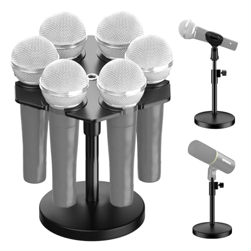 multi-Microphone Stand,Desk Mic Stand with Multi Microphone Holder|Heavy Metal Base Anti-Tip Design|Adjustable Height Stand for Podcast&Studio|Holds 6 Mics|Clip&Mount Adapter for Shure,Blue Yeti Mics